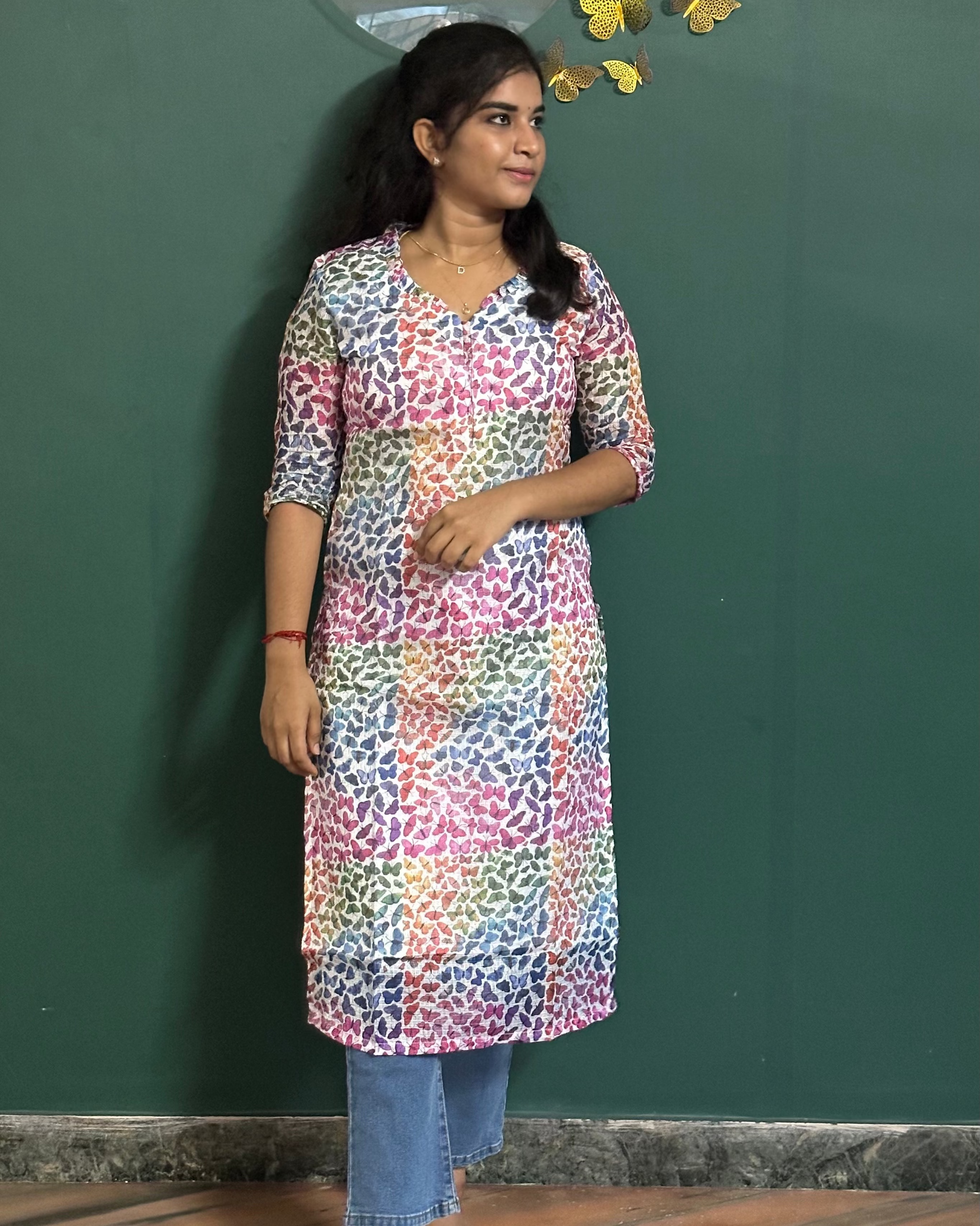 Butterfly Printed Kota Checks Kurti