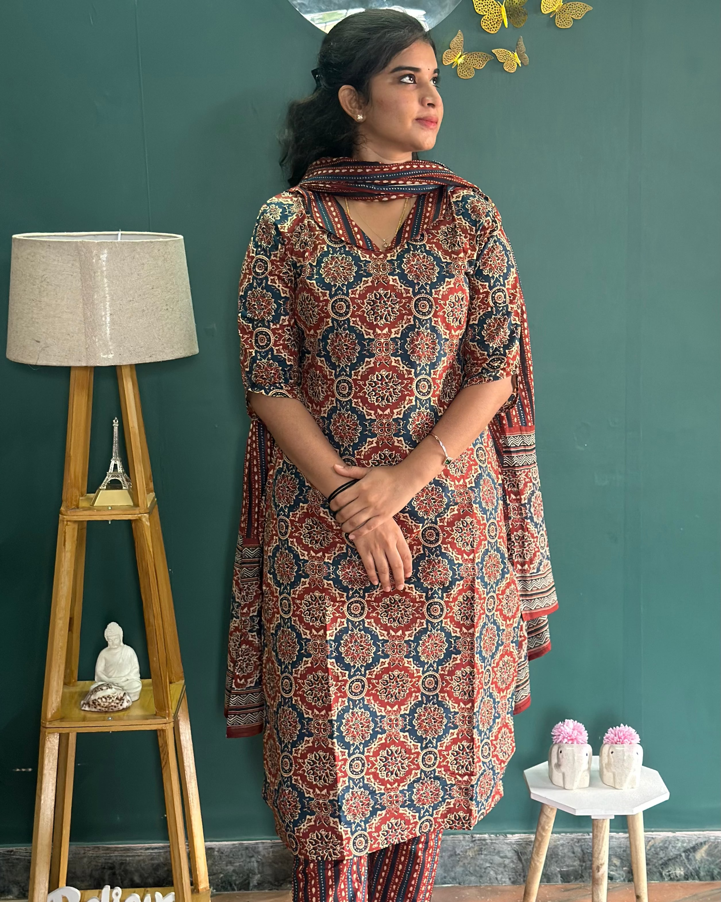 Maroon And Blue Cotton Suit Set