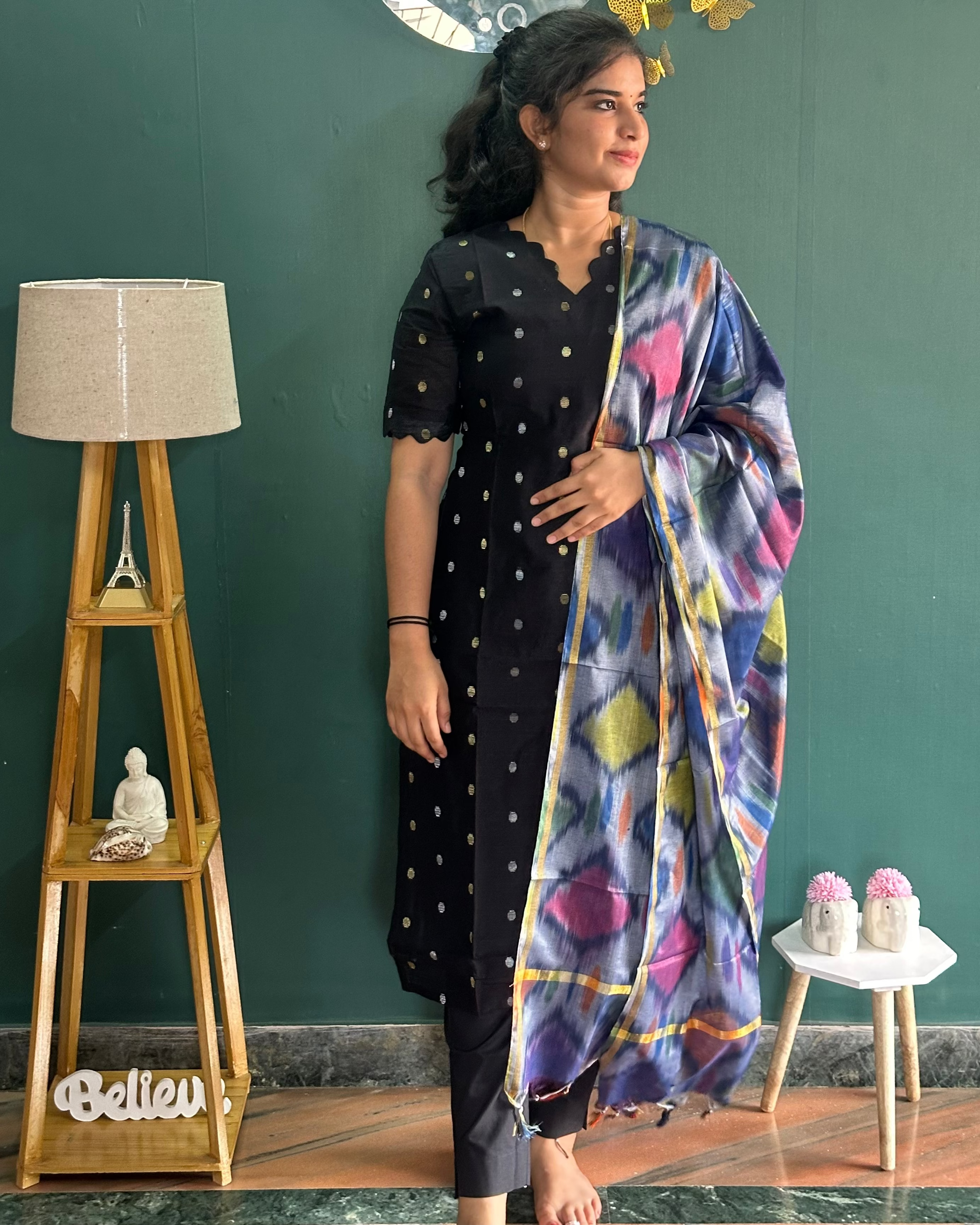 Black Raw Silk Suit Set