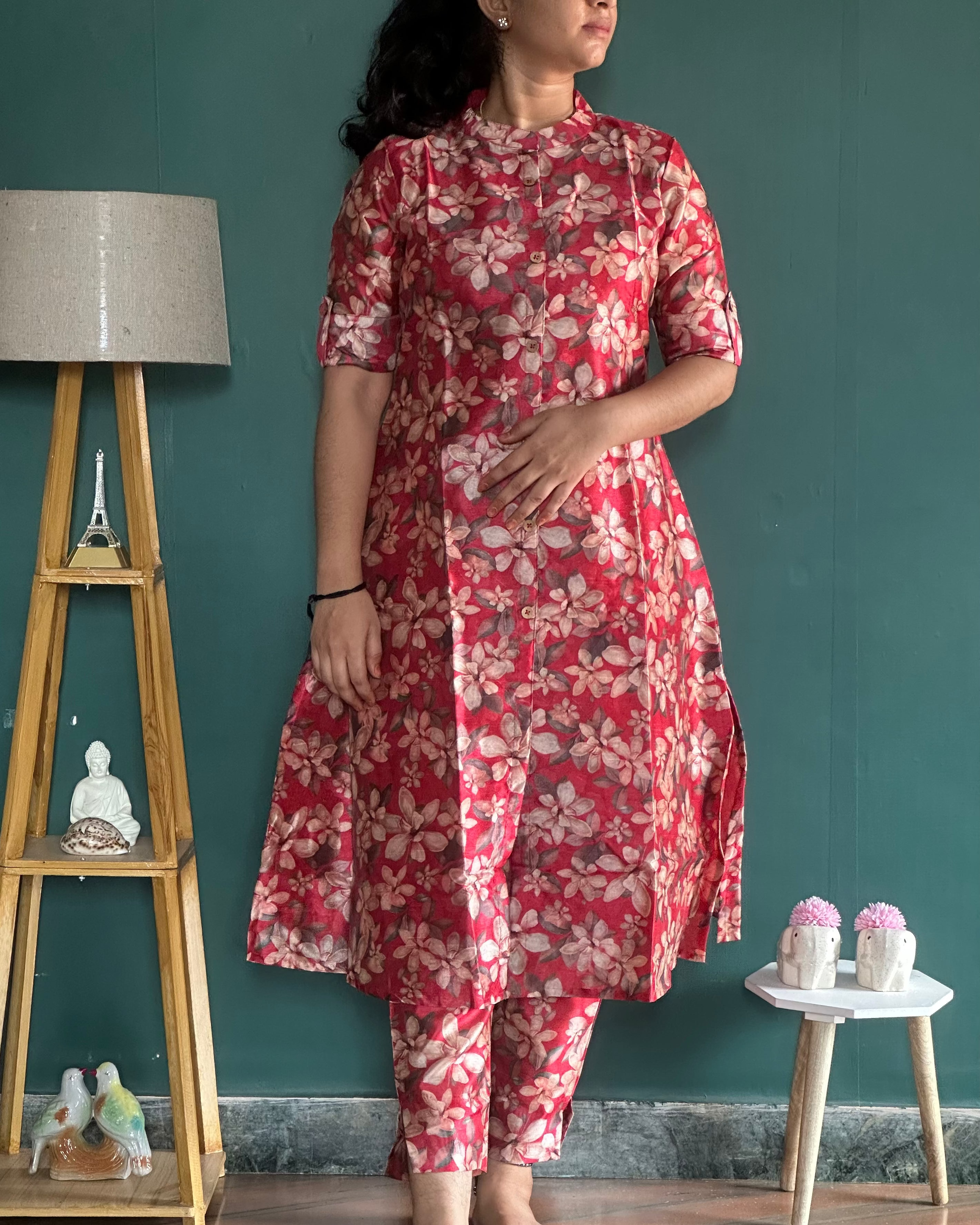 Red Jarna Silk A-Line Coord Set