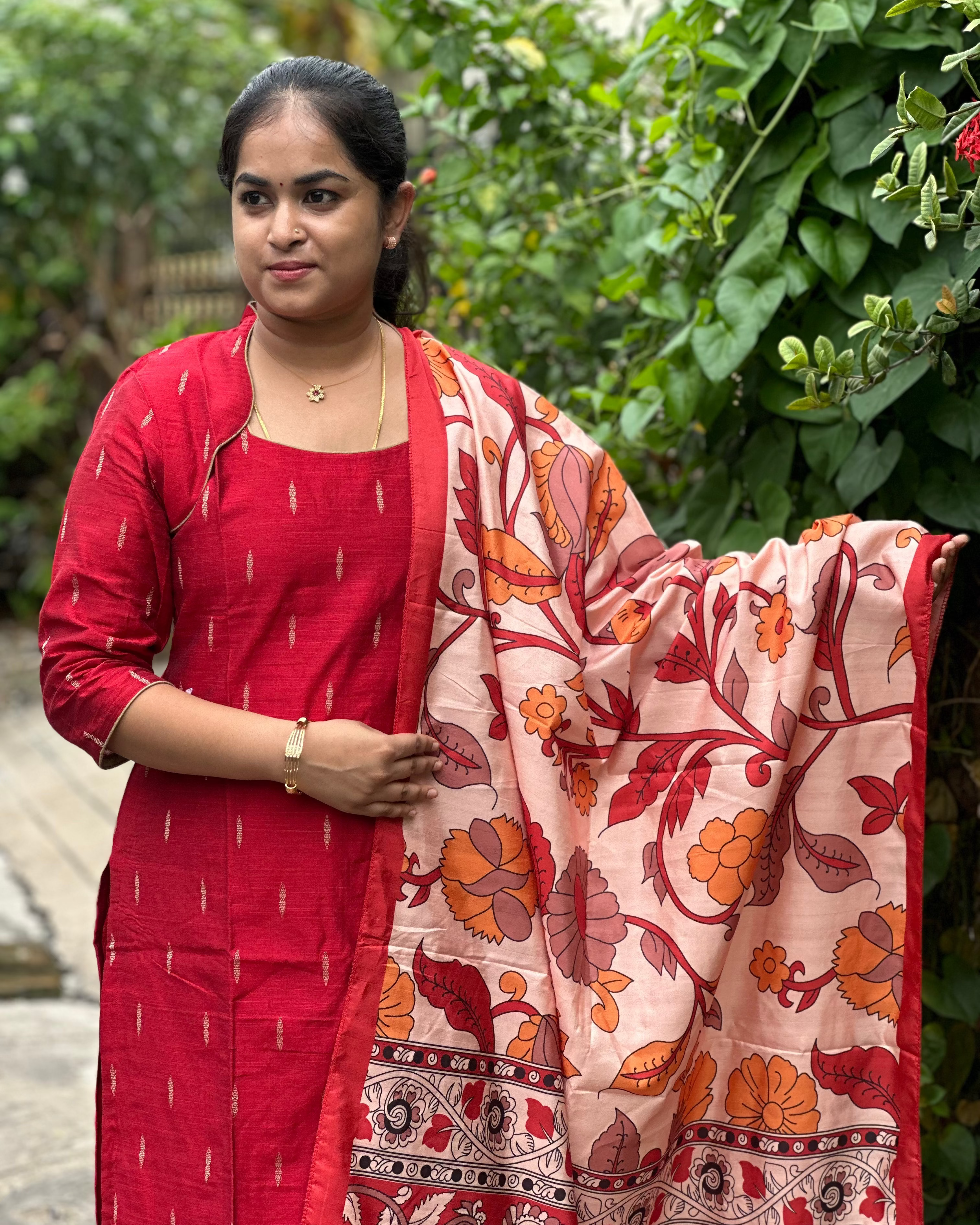 Red Raw Silk Suit Set Paired With An Elegant Tussar Silk Dupatta