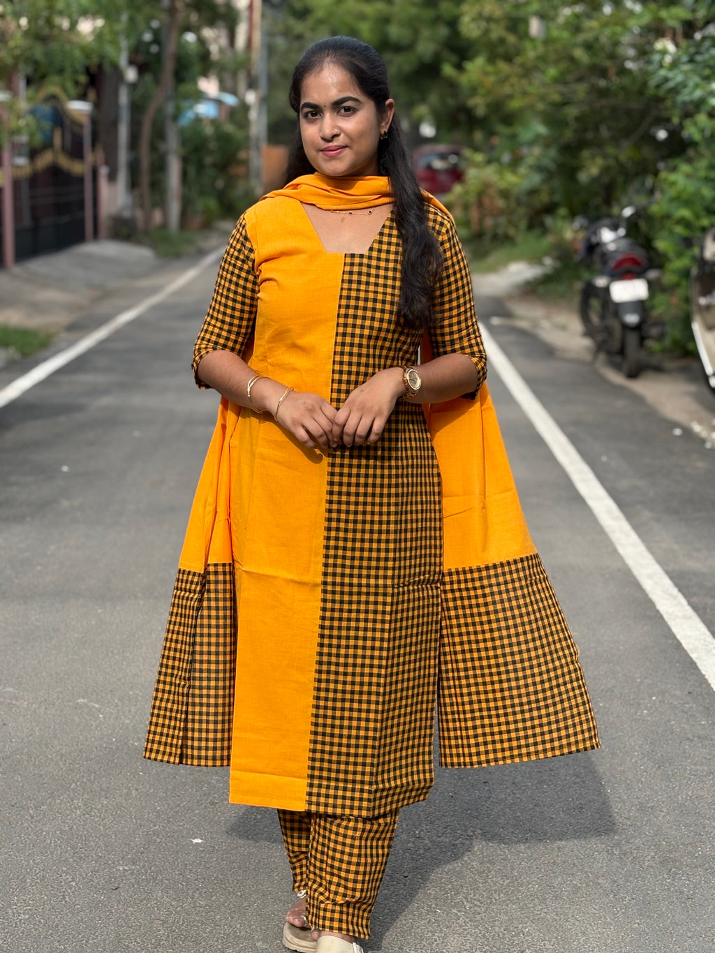 Mustard Checks Handloom Cotton Set
