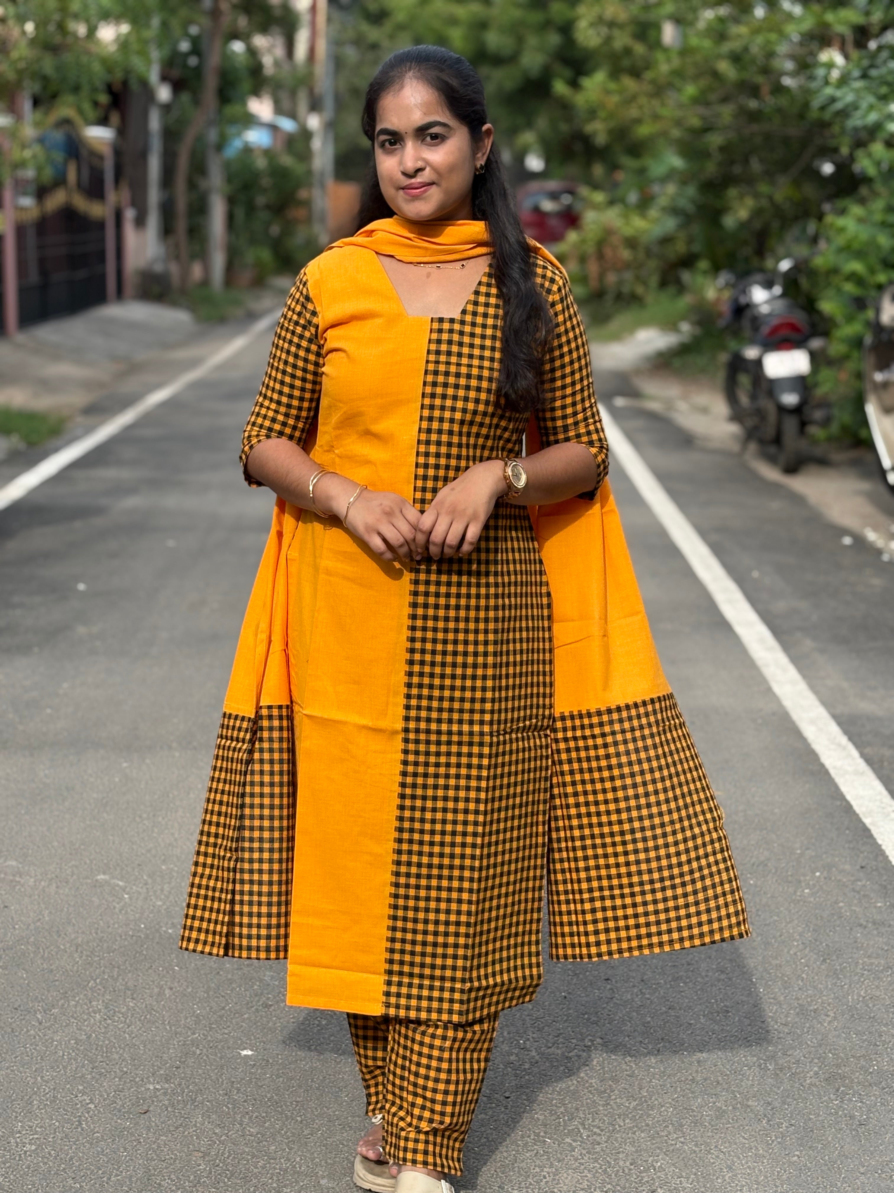Mustard Checks Handloom Cotton Set