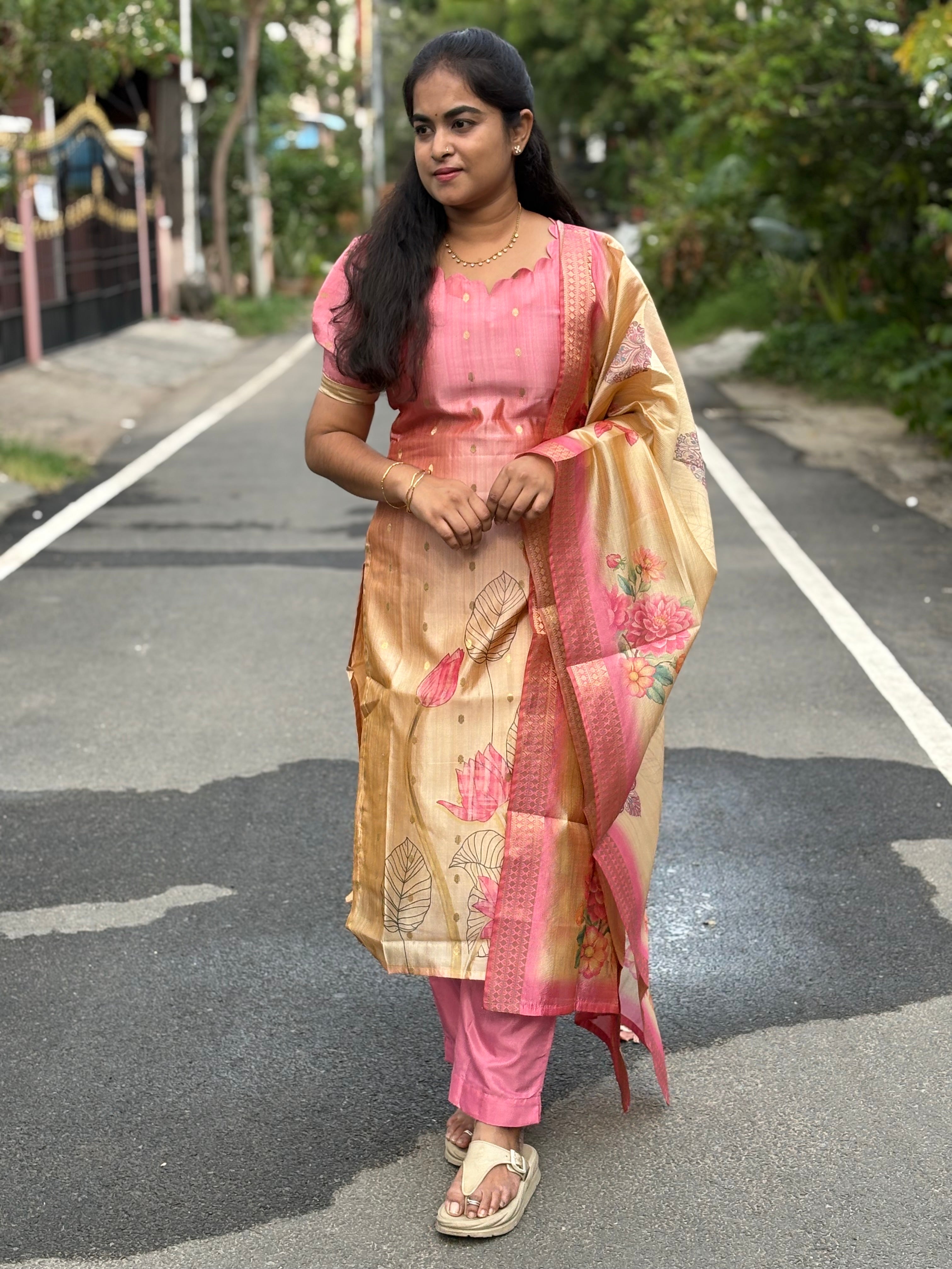 Pink Beige Semi Tussar Silk Suit Set