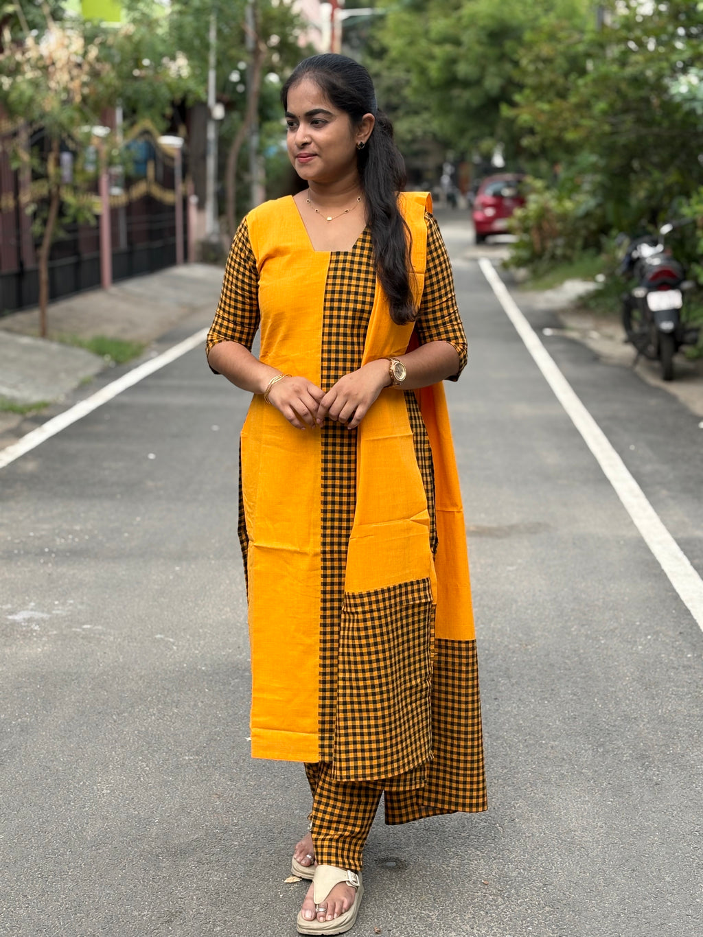 Mustard Checks Handloom Cotton Set