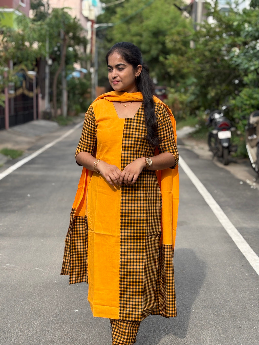 Mustard Checks Handloom Cotton Set