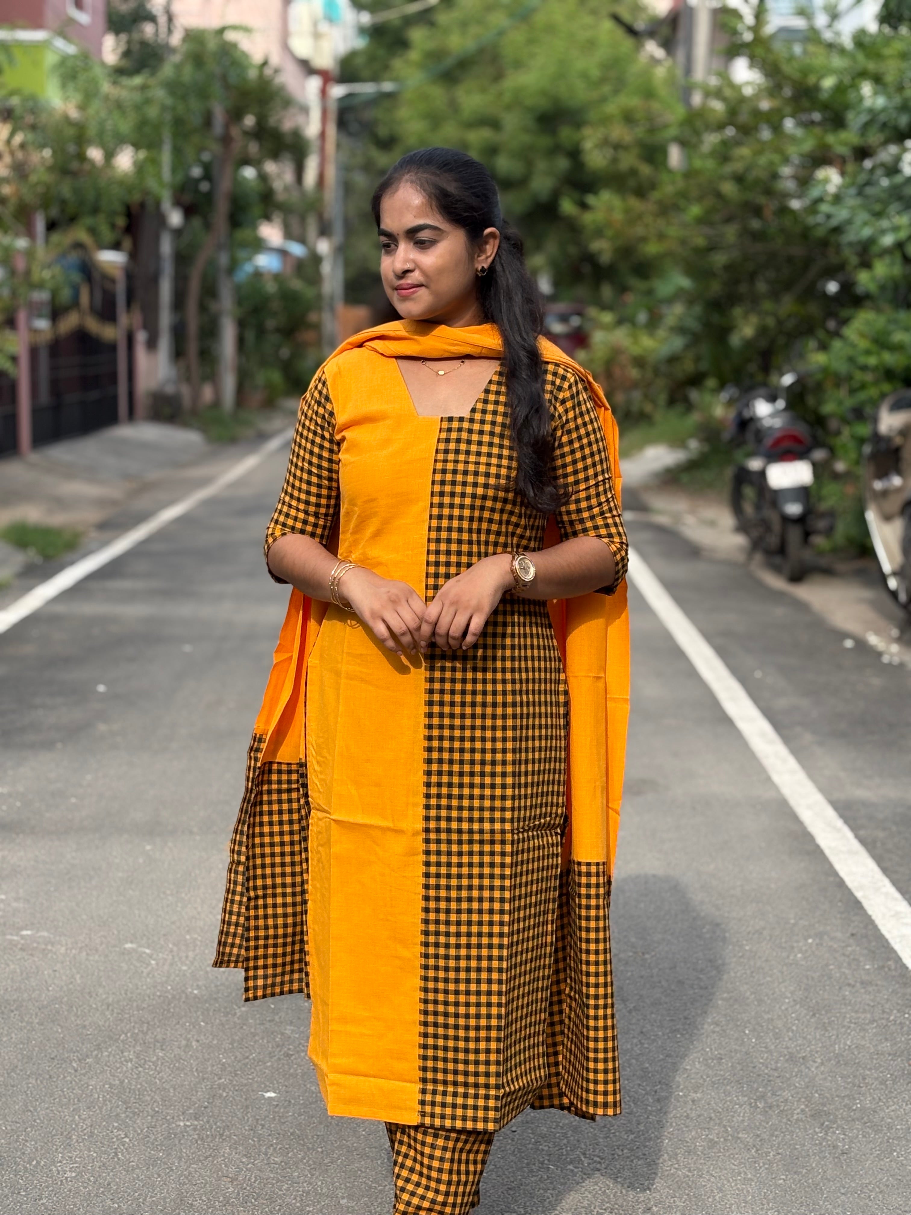 Mustard Checks Handloom Cotton Set