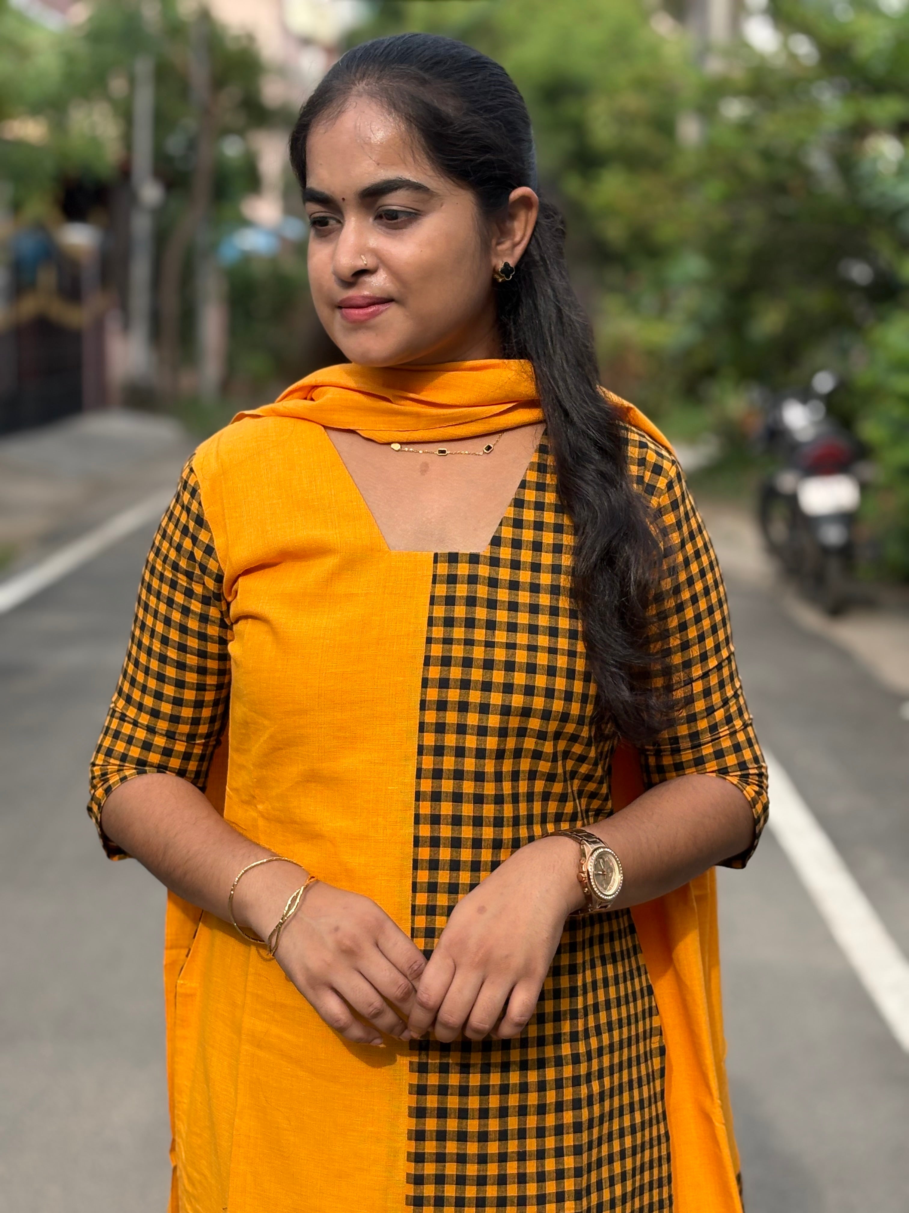 Mustard Checks Handloom Cotton Set