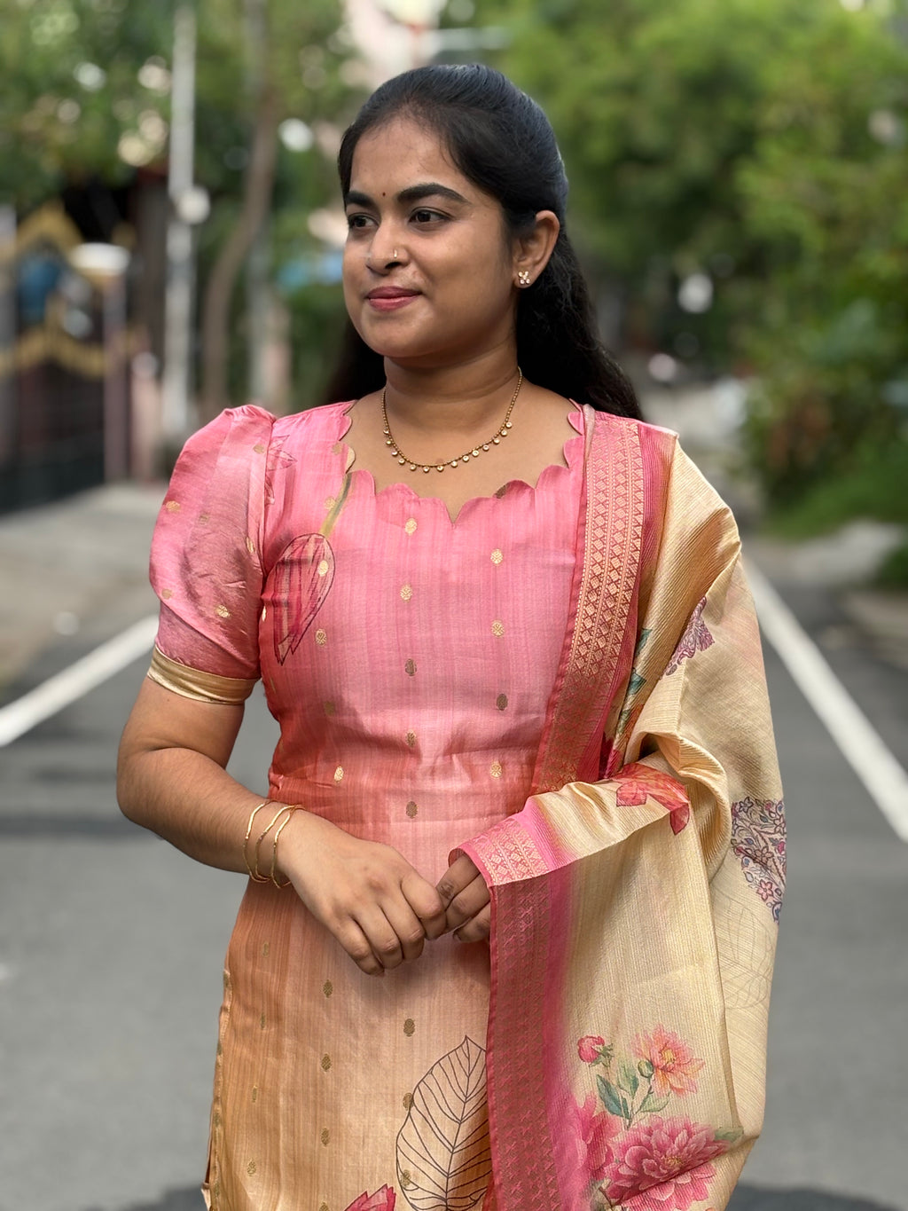 Pink Beige Semi Tussar Silk Suit Set