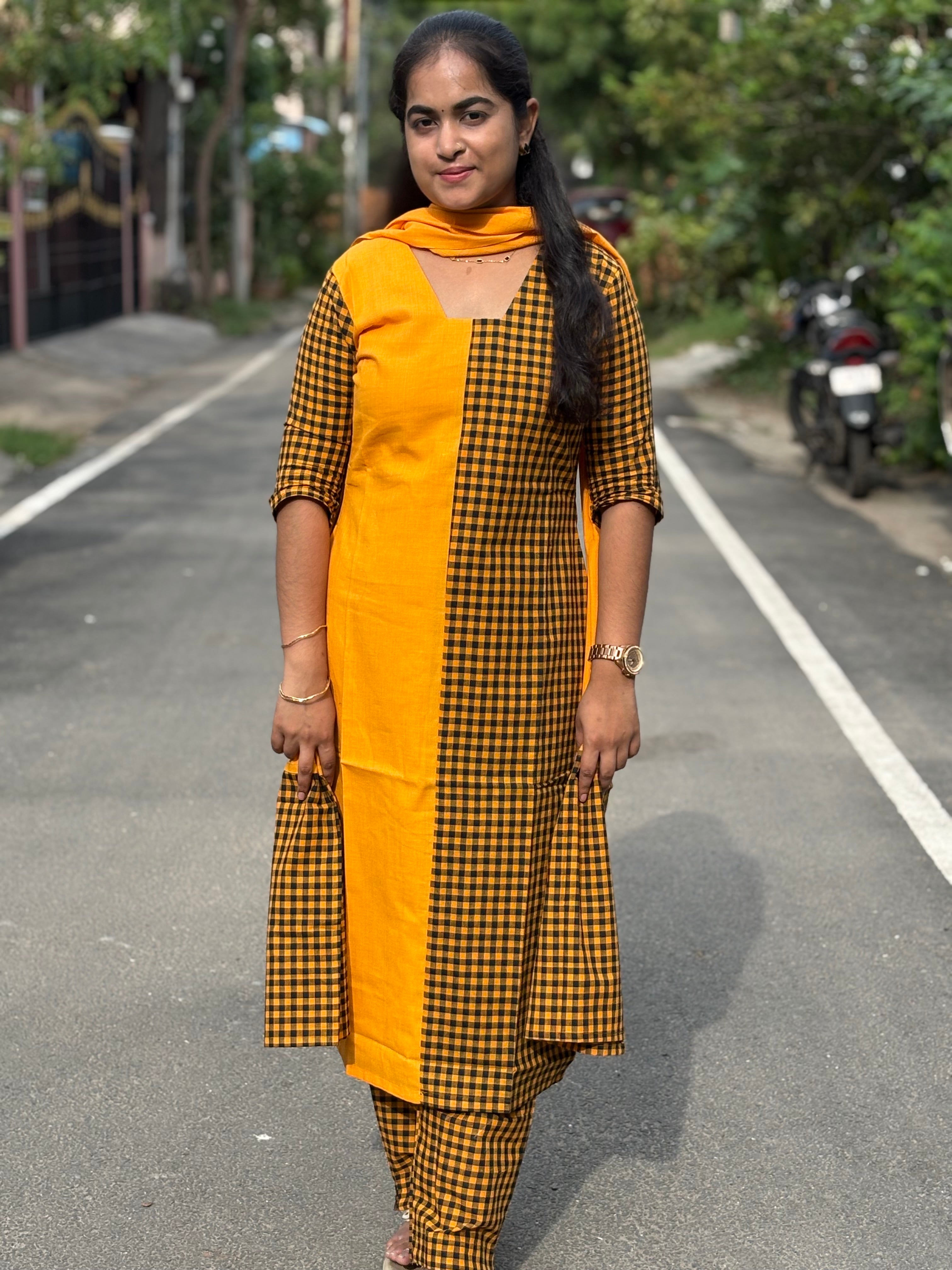 Mustard Checks Handloom Cotton Set