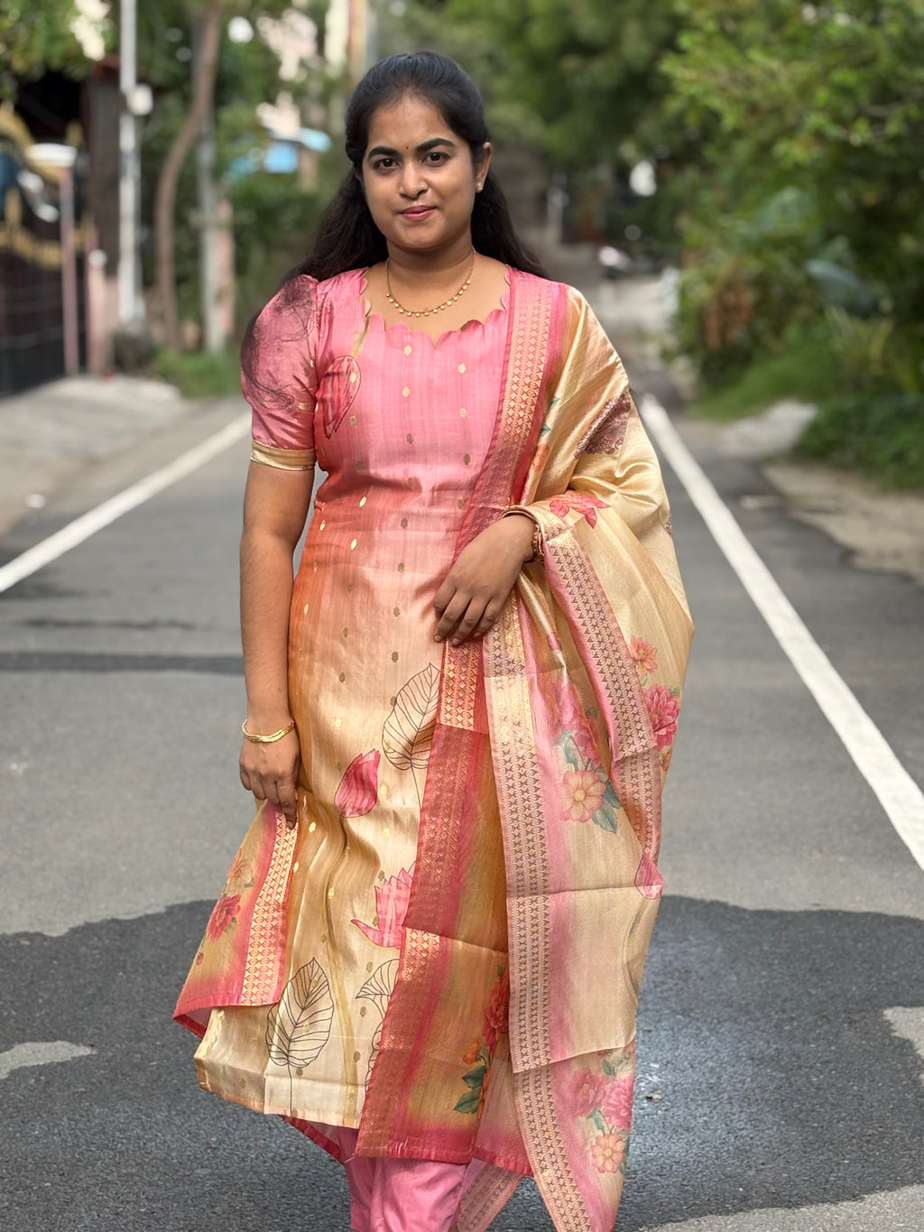 Pink Beige Semi Tussar Silk Suit Set
