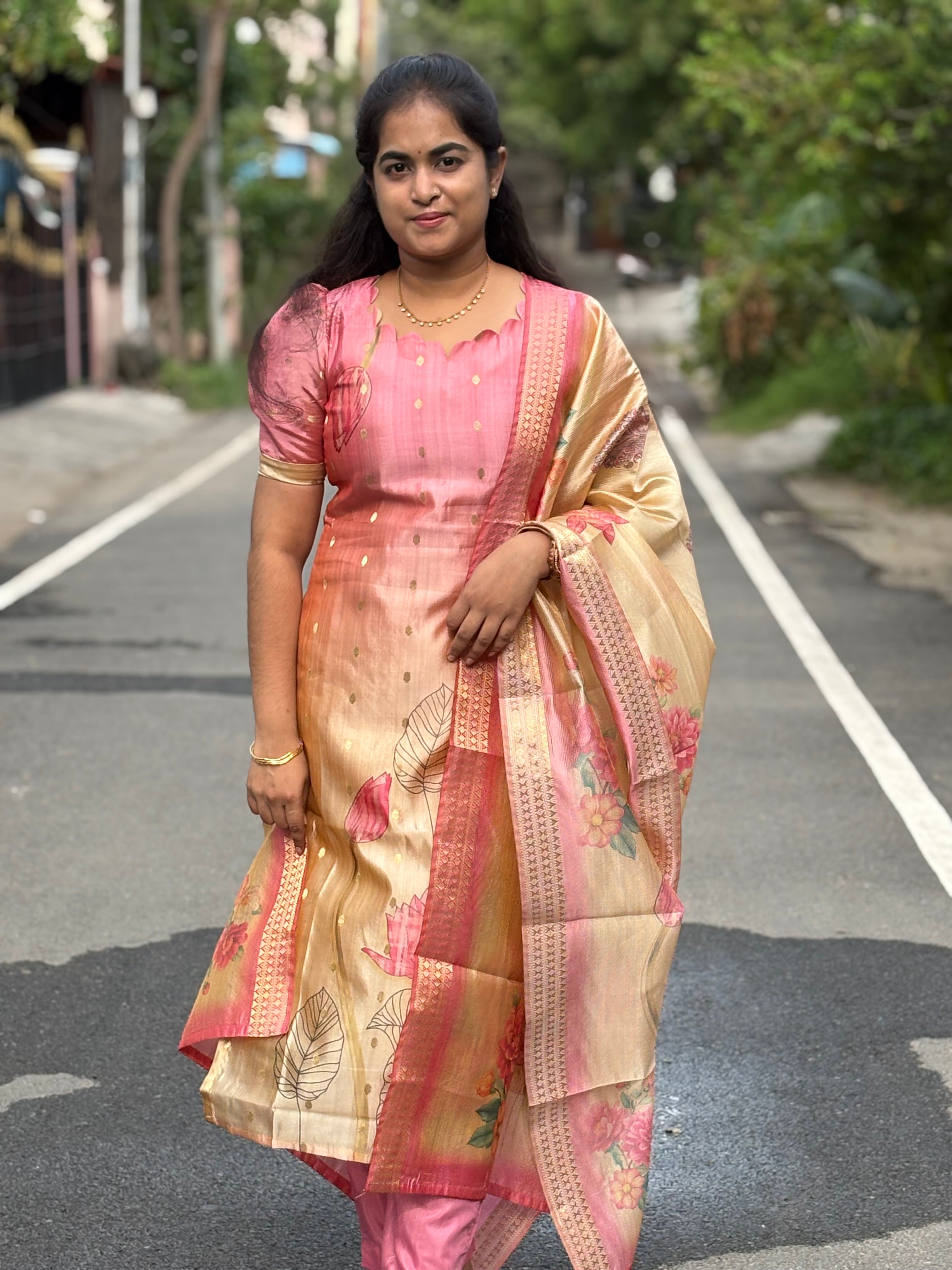 Pink Beige Semi Tussar Silk Suit Set
