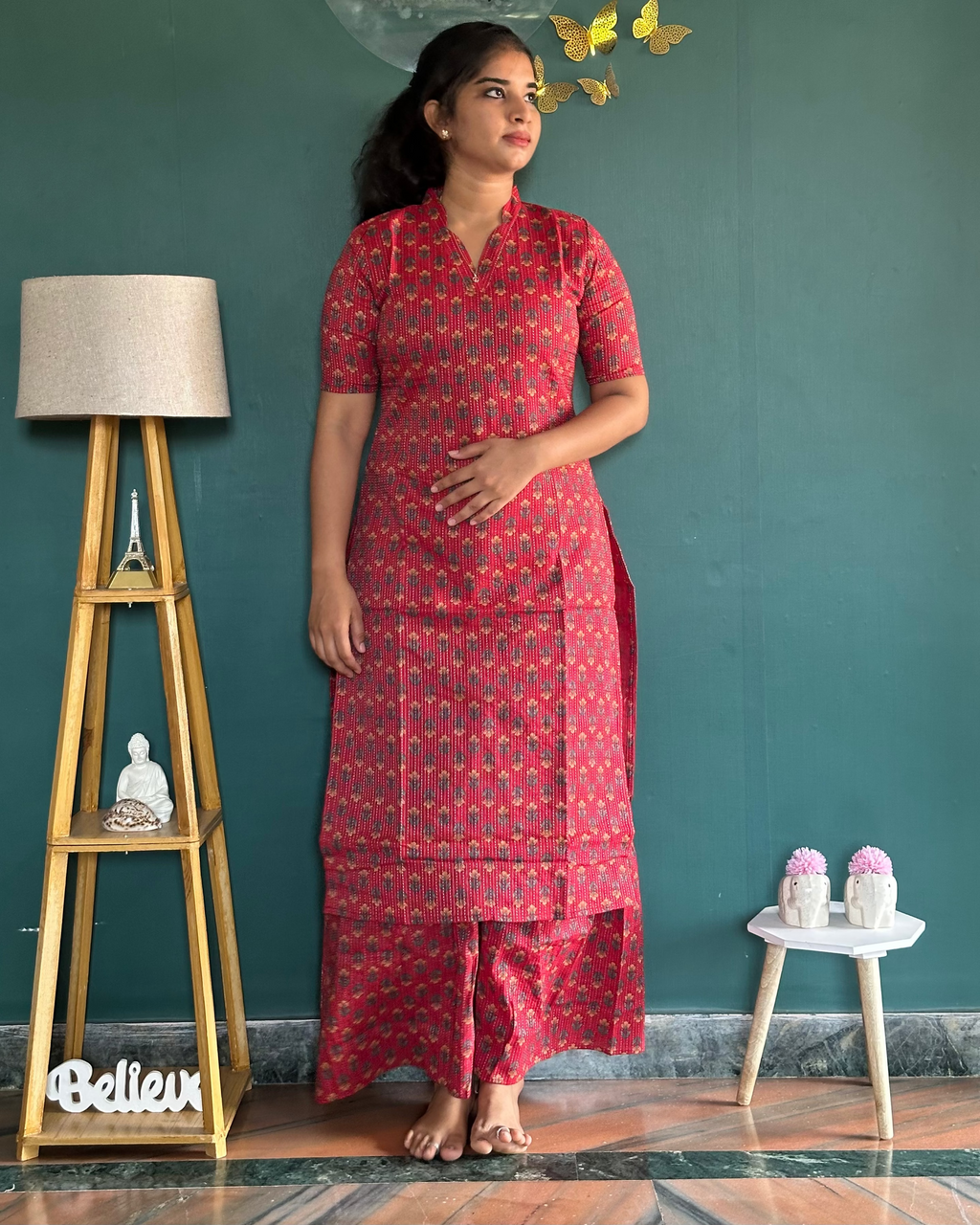Red Kantha Cotton Sharara Set