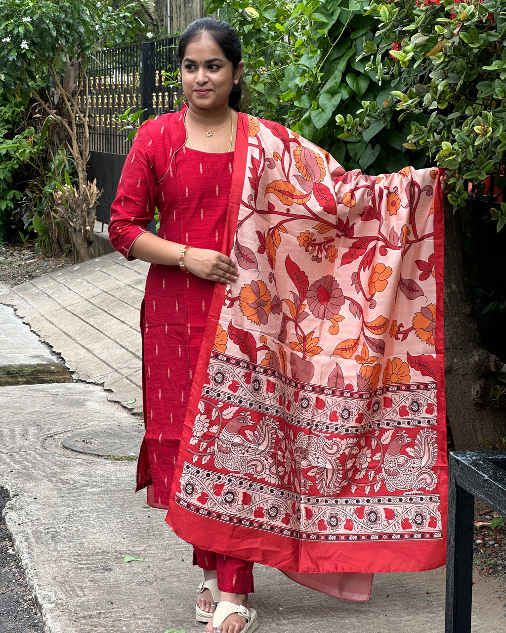 Red Raw Silk Suit Set Paired With An Elegant Tussar Silk Dupatta